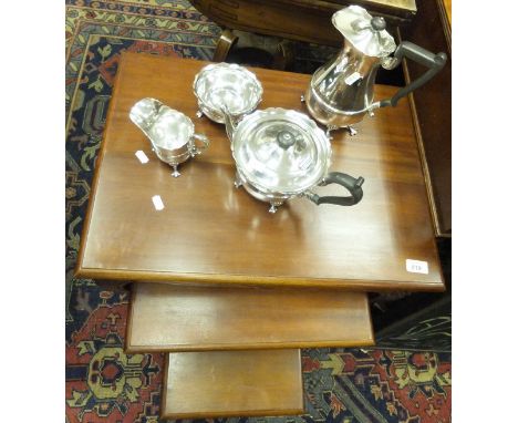 An Eastern mahogany nest of three coffee tables, an Eastern two tier screen, together with an electroplated four piece tea se