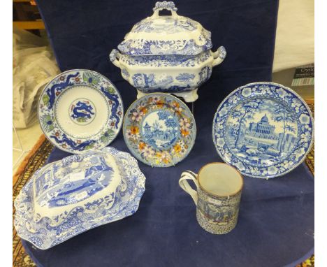 Two modern Spode "Italian" pattern tureens and covers, a 19th Century Rogers blue and white and polychrome plate decorated wi