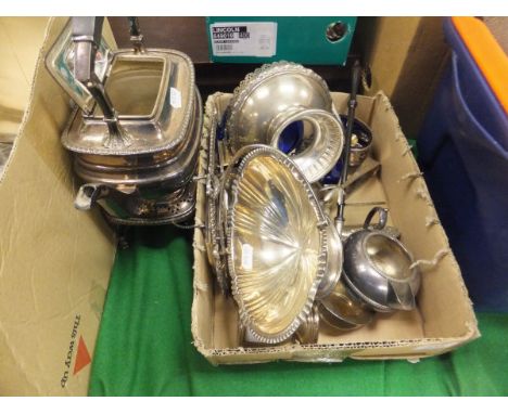 A box containing a pair of Georgian silver salts with blue glass liners, together with a 19th Century silver toddy ladle with