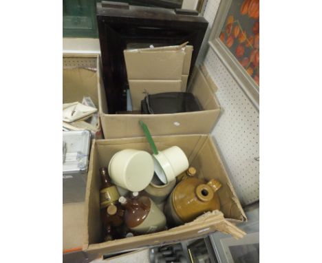 An American Ansonia wall clock, an oak cased mantel clock and a Phillips radio, together with a box of stoneware flagons, ena