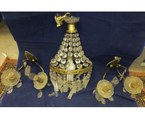 Two cut glass drop ceiling light, a pair of wall sconces and a three-branch electrolier with handkerchief shades