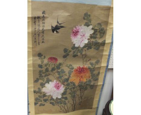 CHINESE SCHOOL "Bird amongst flowers", watercolour, script on top left hand corner on scroll