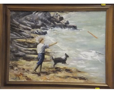 ANN GIBBON "Sunny afternoon at Tiefin", study of young boy throwing stick for a dog on a beach, oil, initialled lower left, a