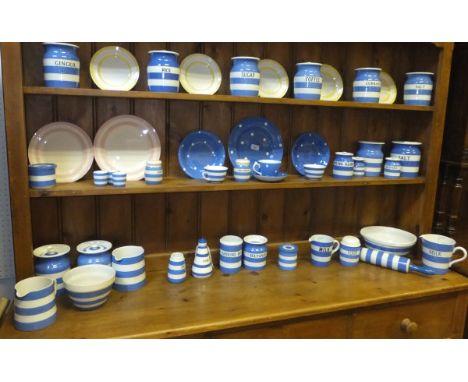 A collection of T G Green & Co. Limited Cornishware including blue and white striped named jars "Ginger", "Rice", "Sugar", "C