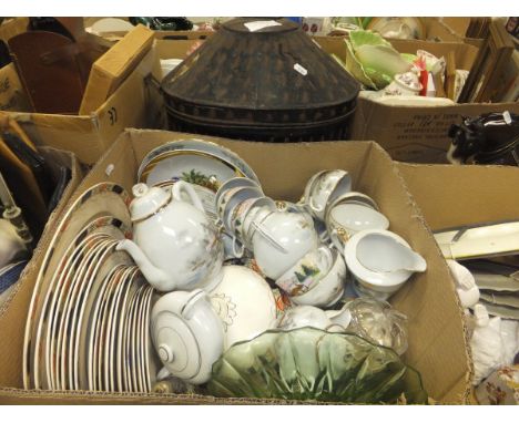 A 19th Century painted metal hat box containing assorted items to include a pair of pewter jardiniers, a box of assorted chin