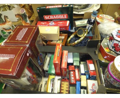 Two boxes containing various Corgi, Lledo, Dinky and other model vehicles, various baseball collector's cards, various figure