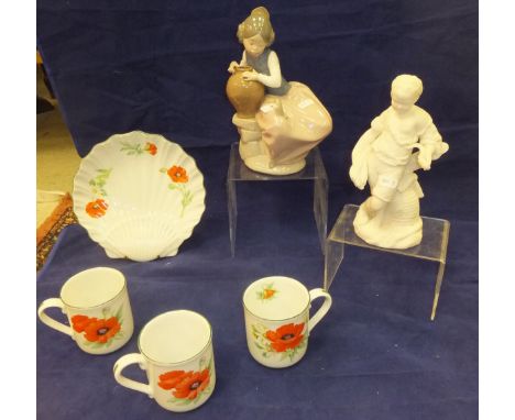 A Nao by Lladro figure of a seated girl with vase, a bird upon her knee, a Parian ware figure of young boy with wheat sheaf a