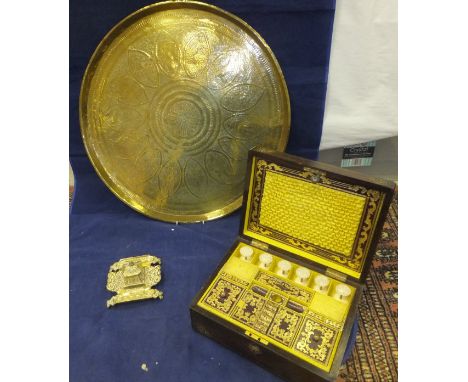 A Victorian rosewood and mother of pearl inlaid sewing box with fitted interior, together with a brass inkwell and Benares br