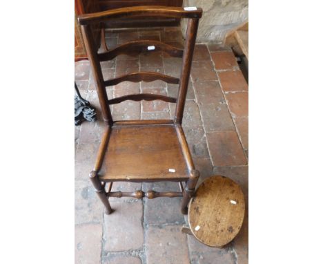 An ash ladder back dining chair, together with an oak stool