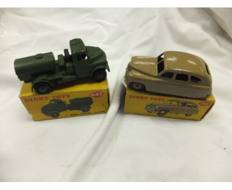 A Dinky Vanguard Saloon (153) and a Dinky Army Water Tanker (643), with damaged boxes