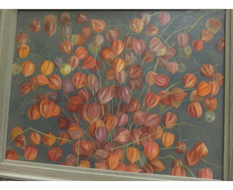 PENELOPE FLEMMING "How many hearts", a study of Physalis Alkekengi or Chinese Lantern flowers, oil on canvas, signed lower le