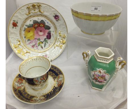 A Flight, Barr and Barr Japan pattern cup and saucer, a Chamberlain's Worcester relief decorated and floral spray painted pla
