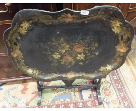 A Victorian black lacquered papier mache and painted screen table and a mother of pearl inlaid lacquered chair CONDITION REPO