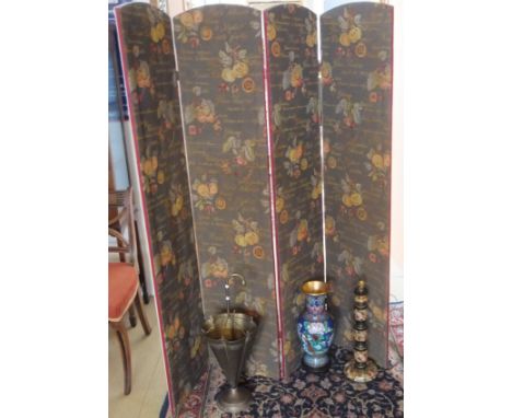 A four-fold fabric screen, a modern 20th Century cloisonne vase, a table lamp and a brass umbrella stand in the form of an um