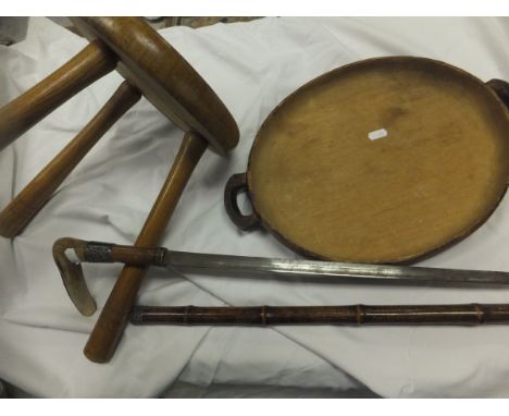 A late Victorian silver mounted sword stick (London, 1897) and a machette together with a box of assorted decorative plates, 