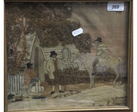 A long-stitch needlework of man on horse and two resting figures with hand-painted faces