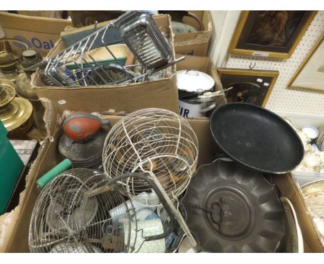 Three boxes of assorted kitchenalia and advertising items to include egg basket, scales, butter churn, enamelled wares, Bovri