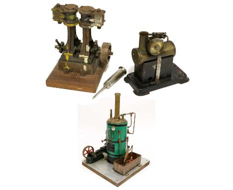 Live Steam Stationary Engine  with wooden lagged vertical boiler 15", 38 cm high connected to two single cylinder motors, on 