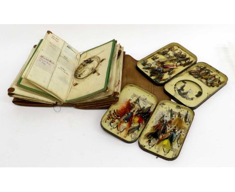 A Large Leather Fly Wallet measuring 8" x 5" with velum and felt pages to the interior and containing a large quantity of bot