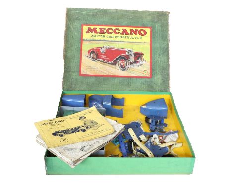 Meccano No.2 Constructor Car blue/cream, with cast driver figure, instruction booklet, lighting set (box only) (parts loose i