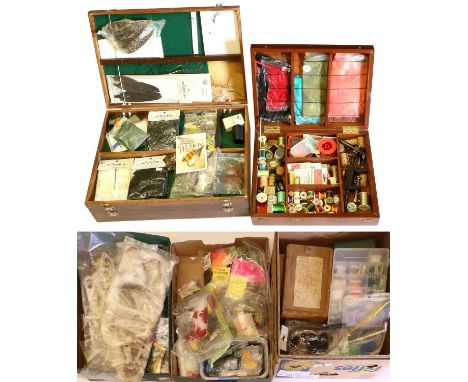 A Large Collection Of Fly-Tying Materials And Tools contained within a wood three tier case, a further wood case and various 