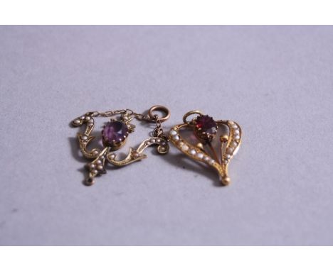 TWO EARLY 20TH CENTURY SPLIT PEARL AND GEM SET PENDANTS, to include a garnet and seed pearl heart shape pendant measuring app