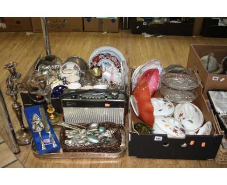 TWO BOXES OF CERAMICS, GLASS, SILVER PLATE, ROBERTS R707 RADIO, TRAY OF CUTLERY, etc