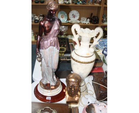 A REPRODUCTION BRONZED FIGURES OF A CLASSICAL LADY, an alabaster lamp in the form of a twin handled urn and a reproduction me