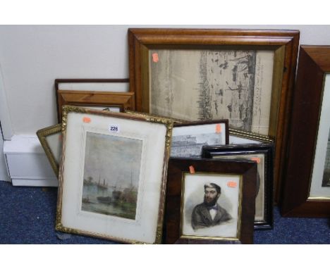 PICTURES AND PRINTS, to include a mid 19th Century watercolour, portrait of a man, in walnut frame, a Fred Miller harbour sce