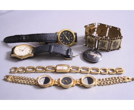 A COLLECTION OF COSTUME JEWELLERY AND WATCHES, to include a Siam river pendant, a gilt mother of pearl Chinese style bracelet