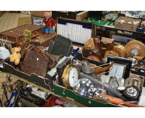 THREE BOXES OF TREEN, METALWARE, PHOTO ALBUMS, CANTEEN OF MISCELLANEOUS CUTLERY, STRONGBOX, PICNIC HAMPER, BATTERY OPERATED A