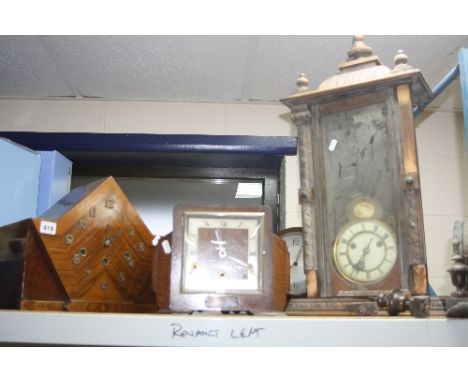 AN ART DECO STYLE WALNUT CASED MANTEL CLOCK, an oak cased mantel clock and a late 19th Century wall clock (4)