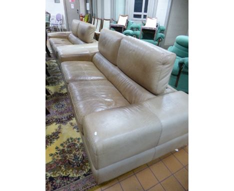 A PAIR OF PALE BROWN LEATHER SOFAS, with adjustable back rests, 'Maxdivani Hand Made in Italy' labels to both sofa's, approxi