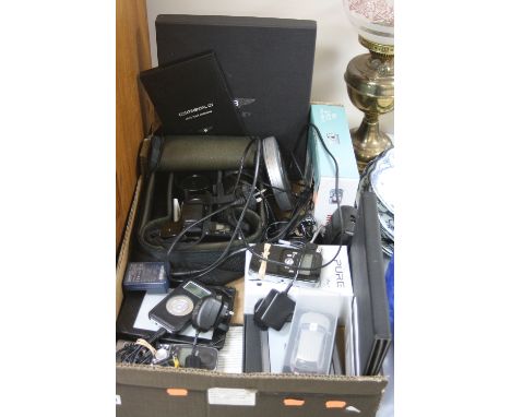 A BOX OF ELECTRONIC EQUIPMENT AND CAMERAS, including Kindle, digital radio, etc