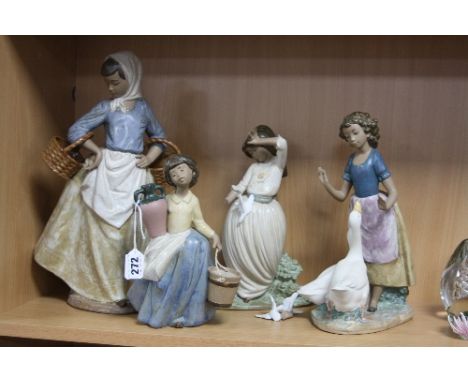 FOUR NAO MATT GLAZE FIGURES, of girls, the tallest carrying wicker baskets (s.d.), height approximately 36cm and smaller (4)