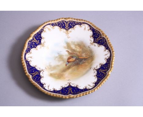 A ROYAL WORCESTER CABINET PLATE, painted with Cock and Hen Pheasants, signed James Stinton, back stamp blurred