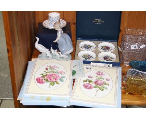 THREE BOXED ROYAL WORCESTER WALL PLAQUES, - The Worcester Rose Collection, Lladro figure of a girl with ducks, etc