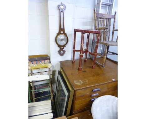 A 19TH CENTURY ROSEWOOD BAROMETER, a modern folding occasional table with removable ceramic plate and two framed pictures (4)