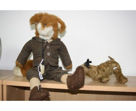'RUPERT' THE FOX SOFT TOY DOORSTOP, handmade by Liz Robson, c.1990's and a 1950's Chiltern soft toy dog (well loved) (2)