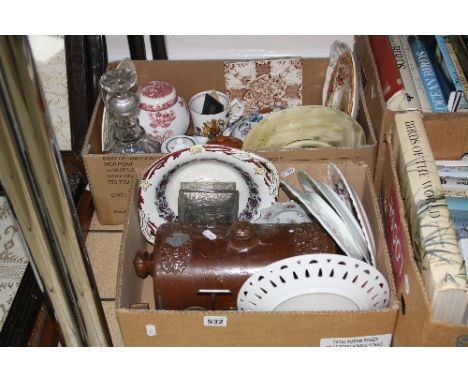 TWO BOXES OF CERAMICS AND GLASSWARE, including a Victorian decanter, stoneware hot water bottle, etc