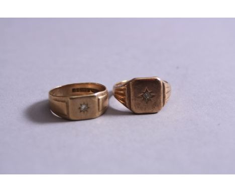 TWO 9CT GOLD DIAMOND SET SIGNET RINGS, one mid 20th Century signet ring with a cushion shaped head to ribbed design shoulders