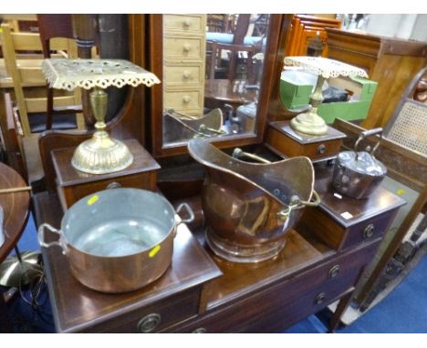 A COPPER HELMET COAL SCUTTLE, an enamel bread bin and a quantity of brass and copperware (10)