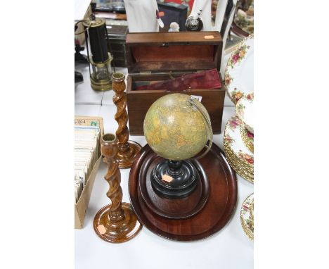 A SMALL COLLECTION OF TREEN, comprising a Victorian mahogany box, a pair of barley twist candlesticks, two oval trays and a P