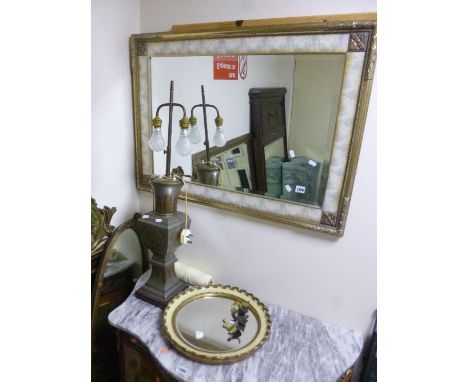 A WALL MIRROR, approximate size 92cm x 67cm, three other wall mirrors and a table lamp (no shade) (5)