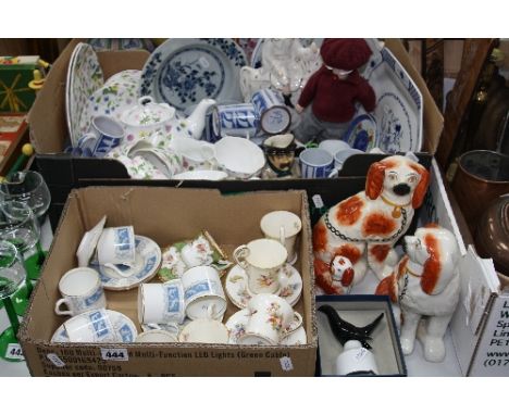 TWO BOXES OF CERAMICS, including coffee cups and saucers, Staffordshire pottery, seated Spaniels, etc