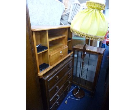 A MODERN PINE CORNER TV STAND, china cabinet and a standard lamp with shade (3)