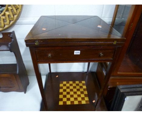 AN EDWARDIAN MAHOGANY INLAID ENVELOPE CARD TABLE, with drawer