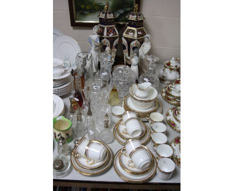 A COLLECTION OF CERAMICS, GLASSWARE AND TREEN, including scent bottles with silver collars, Nao and similar figurines, etc