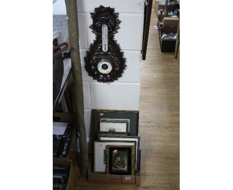 A LATE 19TH CENTURY BAROMETER, and a box of six prints (7)