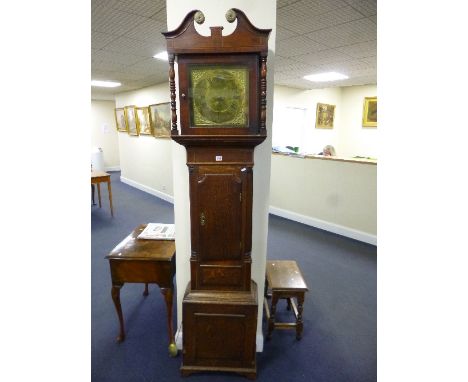 AN OAK LONGCASE CLOCK, the 12' square brass dial, having Roman and Arabic numeral rings with Bell Uttoxeter under, corner spr